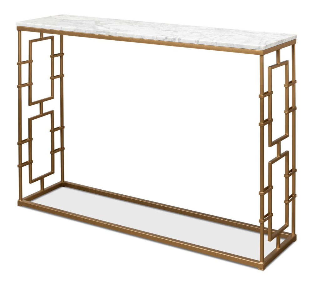 Sarreid Brass Gate Console Table - Elegant Italian Marble With Grey Veins And Luxurious Gold Finish Design White  53134