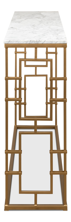 Sarreid Brass Gate Console Table - Elegant Italian Marble With Grey Veins And Luxurious Gold Finish Design White  53134