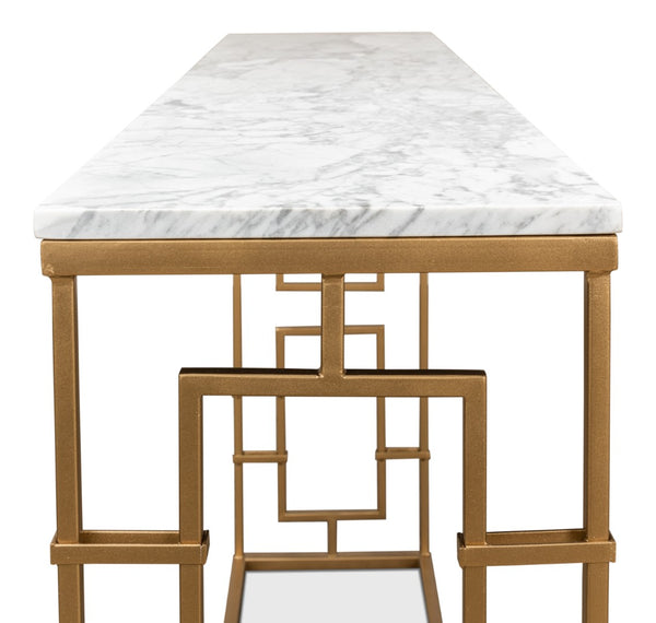 Sarreid Brass Gate Console Table - Elegant Italian Marble With Grey Veins And Luxurious Gold Finish Design White  53134