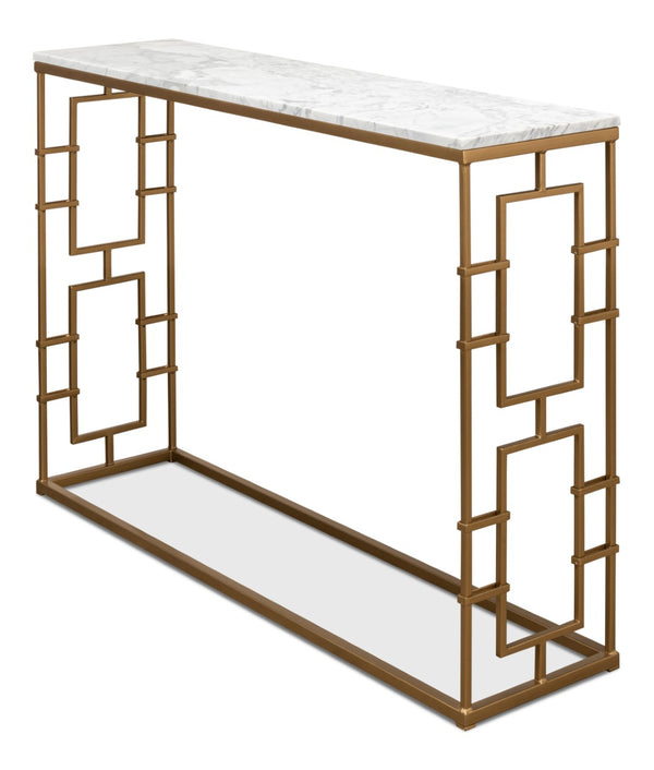 Sarreid Brass Gate Console Table - Elegant Italian Marble With Grey Veins And Luxurious Gold Finish Design White  53134