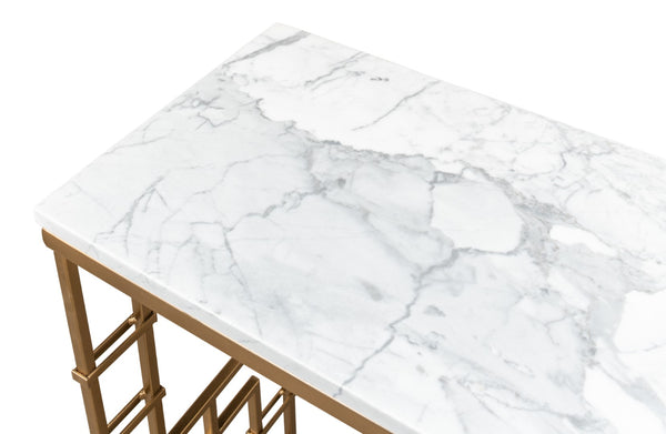 Sarreid Brass Gate Console Table - Elegant Italian Marble With Grey Veins And Luxurious Gold Finish Design White  53134
