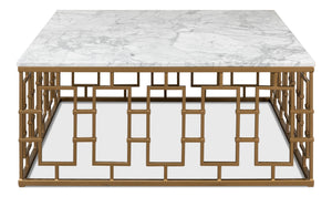 Sarreid Brass Gate Cocktail Table With Elegant White Italian Marble Top And Stylish Brass-gold Finish Base White  53135