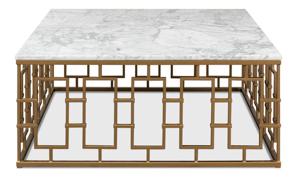 Sarreid Brass Gate Cocktail Table With Elegant White Italian Marble Top And Stylish Brass-gold Finish Base White  53135