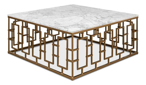 Sarreid Brass Gate Cocktail Table With Elegant White Italian Marble Top And Stylish Brass-gold Finish Base White  53135