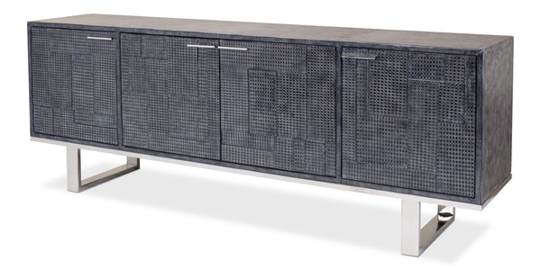 Sarreid Bronzini Credenza - Stylish Embossed Blue And Grey Leather Design With Sturdy Iron Base For Elegance Grey  53136