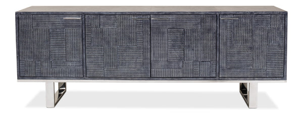 Sarreid Bronzini Credenza - Stylish Embossed Blue And Grey Leather Design With Sturdy Iron Base For Elegance Grey  53136