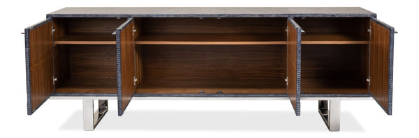 Sarreid Bronzini Credenza - Stylish Embossed Blue And Grey Leather Design With Sturdy Iron Base For Elegance Grey  53136