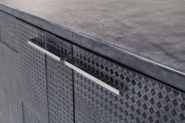 Sarreid Bronzini Credenza - Stylish Embossed Blue And Grey Leather Design With Sturdy Iron Base For Elegance Grey  53136