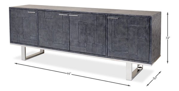 Sarreid Bronzini Credenza - Stylish Embossed Blue And Grey Leather Design With Sturdy Iron Base For Elegance Grey  53136