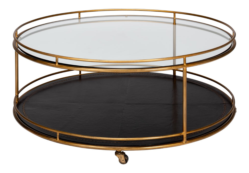 Sarreid Trolley Round Cocktail Table - Elegant Glass & Leather Design With Antique Gold Metal Frame Gold  53138