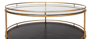 Sarreid Trolley Round Cocktail Table - Elegant Glass & Leather Design With Antique Gold Metal Frame Gold  53138