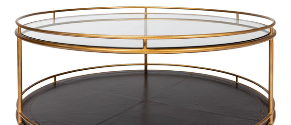 Sarreid Trolley Round Cocktail Table - Elegant Glass & Leather Design With Antique Gold Metal Frame Gold  53138