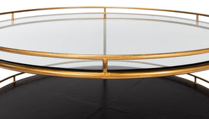 Sarreid Trolley Round Cocktail Table - Elegant Glass & Leather Design With Antique Gold Metal Frame Gold  53138