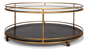 Sarreid Trolley Round Cocktail Table - Elegant Glass & Leather Design With Antique Gold Metal Frame Gold  53138