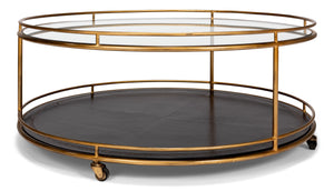 Sarreid Trolley Round Cocktail Table - Elegant Glass & Leather Design With Antique Gold Metal Frame Gold  53138