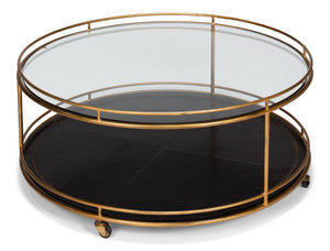 Sarreid Trolley Round Cocktail Table - Elegant Glass & Leather Design With Antique Gold Metal Frame Gold  53138