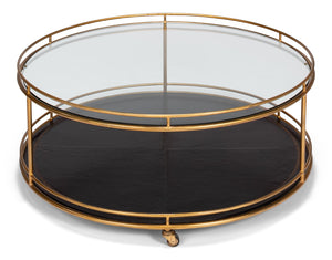 Sarreid Trolley Round Cocktail Table - Elegant Glass & Leather Design With Antique Gold Metal Frame Gold  53138