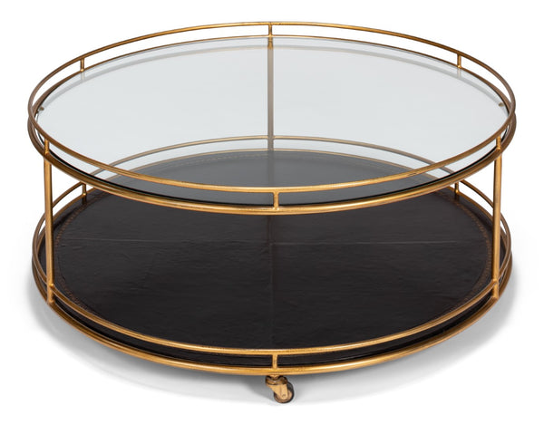 Sarreid Trolley Round Cocktail Table - Elegant Glass & Leather Design With Antique Gold Metal Frame Gold  53138