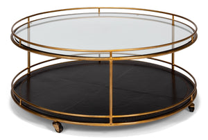 Sarreid Trolley Round Cocktail Table - Elegant Glass & Leather Design With Antique Gold Metal Frame Gold  53138
