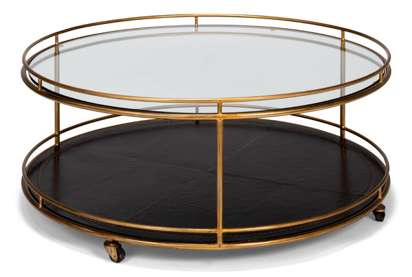 Sarreid Trolley Round Cocktail Table - Elegant Glass & Leather Design With Antique Gold Metal Frame Gold  53138