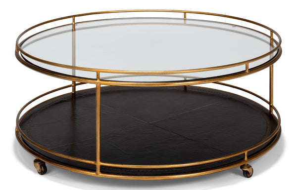 Sarreid Trolley Round Cocktail Table - Elegant Glass & Leather Design With Antique Gold Metal Frame Gold  53138