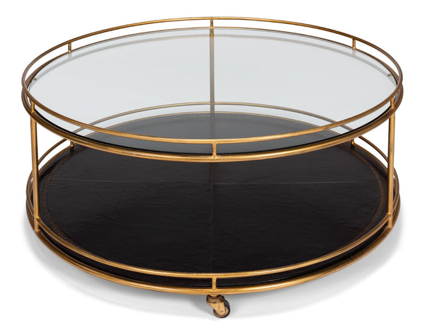 Sarreid Trolley Round Cocktail Table - Elegant Glass & Leather Design With Antique Gold Metal Frame Gold  53138