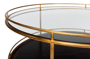 Sarreid Trolley Round Cocktail Table - Elegant Glass & Leather Design With Antique Gold Metal Frame Gold  53138