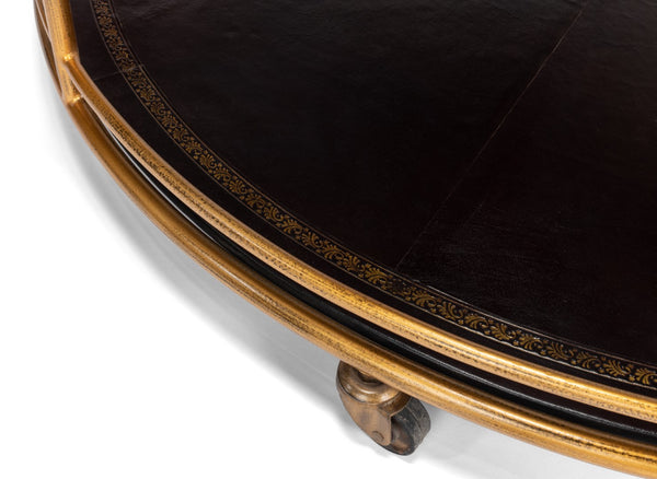 Sarreid Trolley Round Cocktail Table - Elegant Glass & Leather Design With Antique Gold Metal Frame Gold  53138