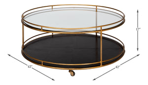 Sarreid Trolley Round Cocktail Table - Elegant Glass & Leather Design With Antique Gold Metal Frame Gold  53138