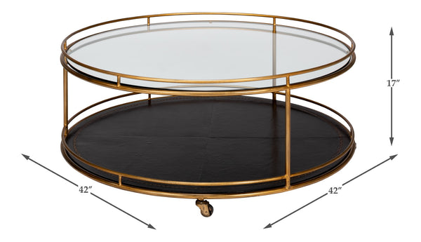 Sarreid Trolley Round Cocktail Table - Elegant Glass & Leather Design With Antique Gold Metal Frame Gold  53138