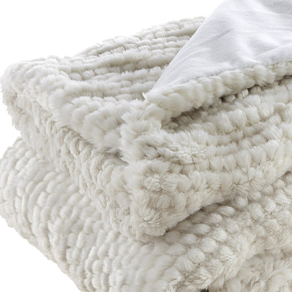 Homeroots 60" X 50" Ivory Knitted Acrylic Plush Throw Blanket Ivory Acrylic 531390