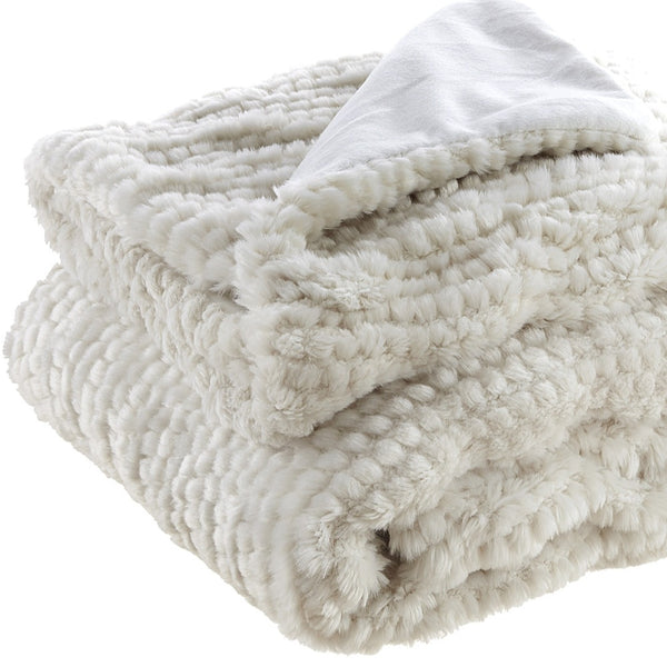 Homeroots 60" X 50" Ivory Knitted Acrylic Plush Throw Blanket Ivory Acrylic 531390