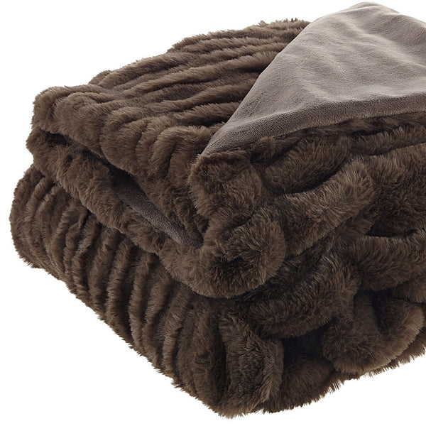 Homeroots 60" X 50" Brown Knitted Faux Fur Throw Blanket Brown Faux Fur 531396
