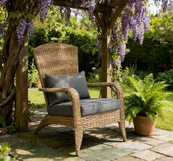 English Elm Soft Cushioned Wicker Adirondack Patio Chair with Tall Curved Back and Wide Armrests T3971P417339
