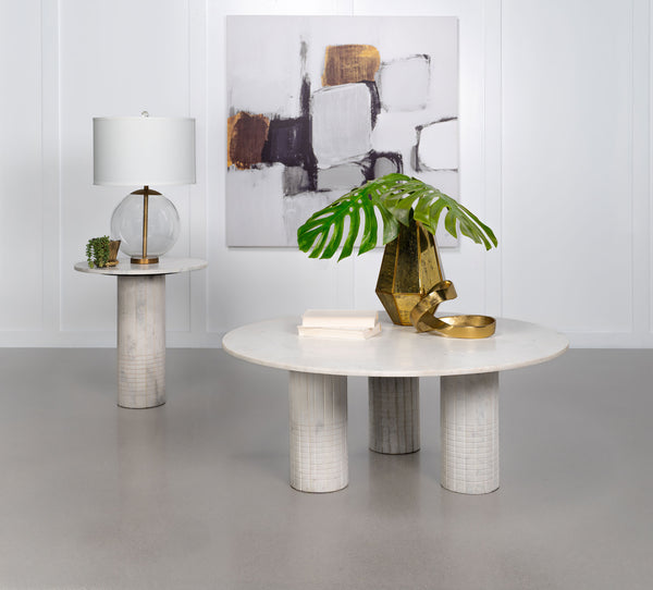 English Elm Round White Marble End Table with Fluted Cylindrical Base, Neoclassical Grid Texture Accent Piece B016S00038