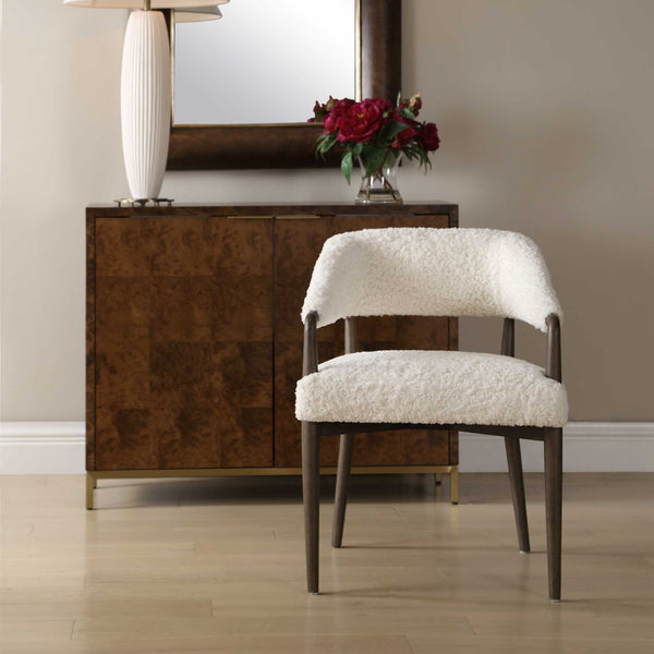 Uttermost Austell Barrel Back Faux Shearling Chair with Dark Walnut Wood Frame