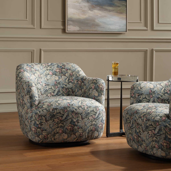 Uttermost Ansel Fig Tapestry Swivel Accent Chair with Black Wooden Base for Living Rooms