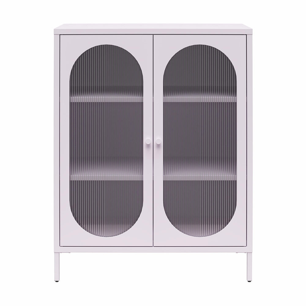 English Elm Luna Short 2-Door Metal Accent Cabinet with Oval Fluted Glass Doors, 3 Shelves, Modern Storage Solution B2733P385746