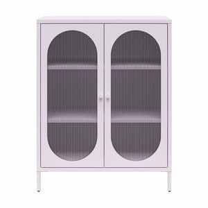 English Elm Luna Short 2-Door Metal Accent Cabinet with Oval Fluted Glass Doors, 3 Shelves, Modern Storage Solution B2733P385746