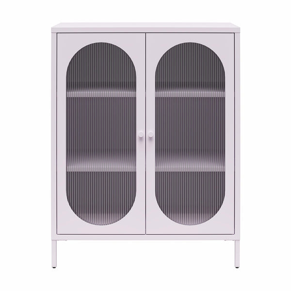 English Elm Luna Short 2-Door Metal Accent Cabinet with Oval Fluted Glass Doors, 3 Shelves, Modern Storage Solution B2733P385746