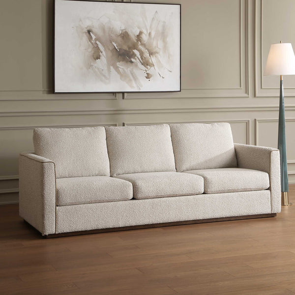 Uttermost Lorien Cream Boucle Sofa with Walnut Plinth Base for Modern Living Rooms