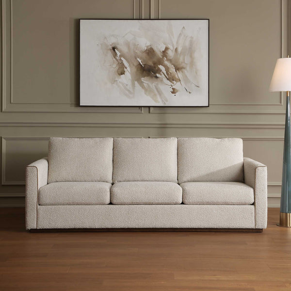 Uttermost Lorien Cream Boucle Sofa with Walnut Plinth Base for Modern Living Rooms