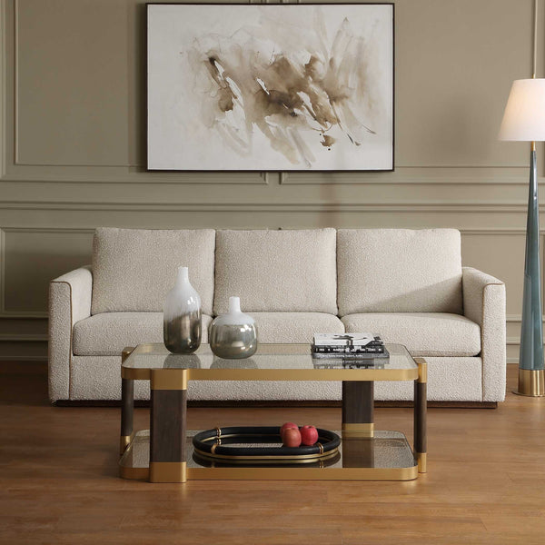 Uttermost Lorien Cream Boucle Sofa with Walnut Plinth Base for Modern Living Rooms