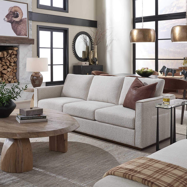 Uttermost Lorien Cream Boucle Sofa with Walnut Plinth Base for Modern Living Rooms