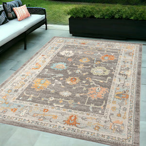 Homeroots 5' X 7' Gray And Orange Floral Stain Resistant Indoor Outdoor Area Rug Taupe Polypropylene 531493