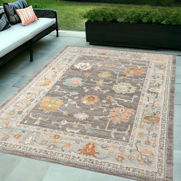 Homeroots 5' X 7' Gray And Orange Floral Stain Resistant Indoor Outdoor Area Rug Taupe Polypropylene 531493