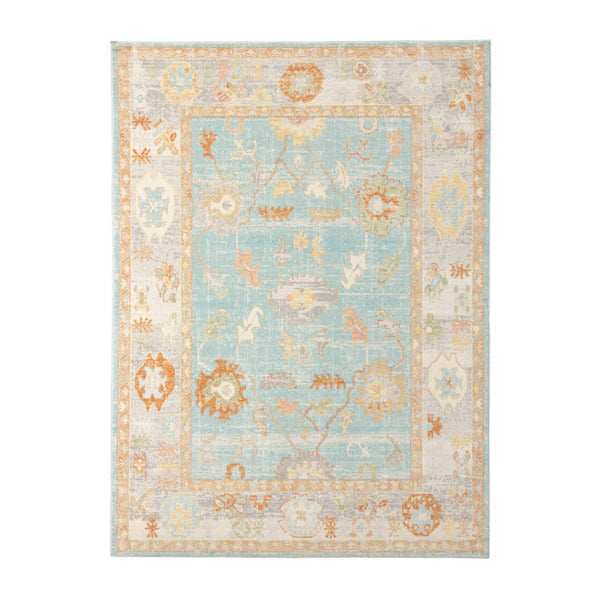 HomeRoots 5' Blue and Orange Floral Area Rug - Stain Resistant, Durable Design for Indoor or Outdoor Spaces Aqua 5'1" x 7'6" 531497