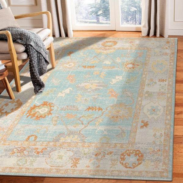 HomeRoots 5' Blue and Orange Floral Area Rug - Stain Resistant, Durable Design for Indoor or Outdoor Spaces Aqua 5'1" x 7'6" 531497