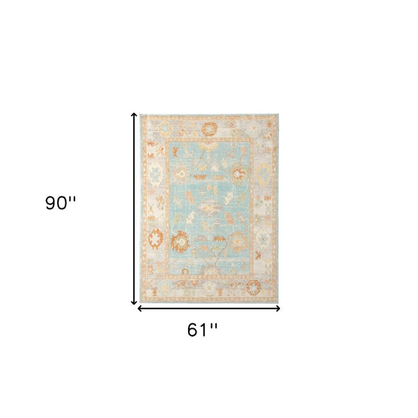HomeRoots 5' Blue and Orange Floral Area Rug - Stain Resistant, Durable Design for Indoor or Outdoor Spaces Aqua 5'1" x 7'6" 531497