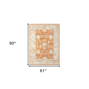 HomeRoots 5' Blue and Orange Floral Area Rug - Stain Resistant, Durable Design for Indoor or Outdoor Spaces Orange 5'1" x 7'6" 531501